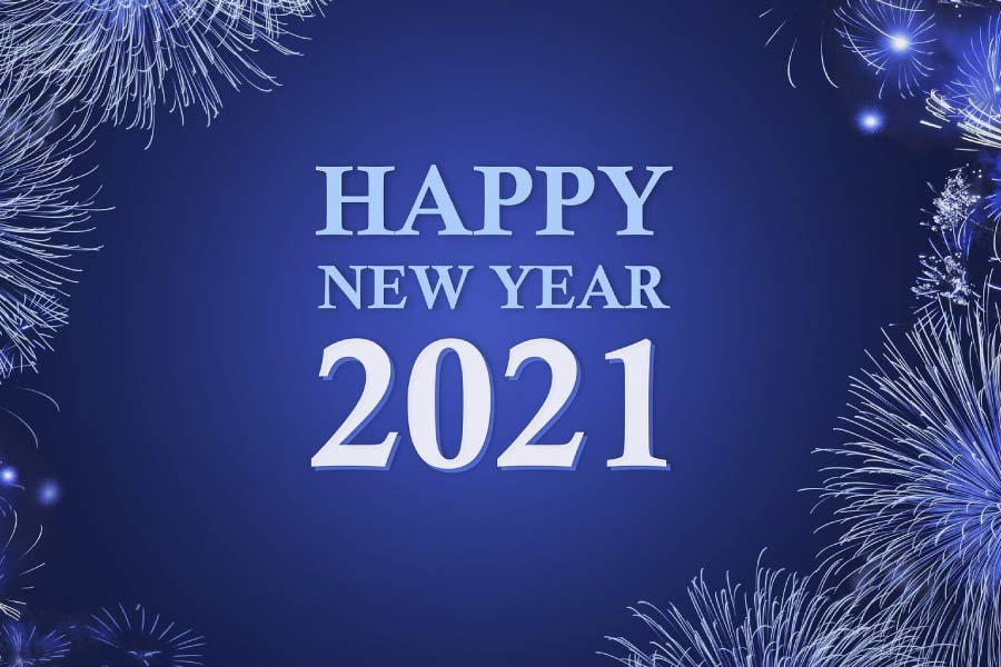 Happy New Year 2021 on dark blue background with fireworks around the perimeter.