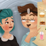 Cartoon poster of soft foods being shown to a patient with a recent tooth extraction.