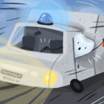 Cartoon ambulance being driven by a tooth.