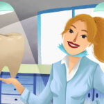 Cartoon of a smiling dental hygienist holding a model of a tooth.