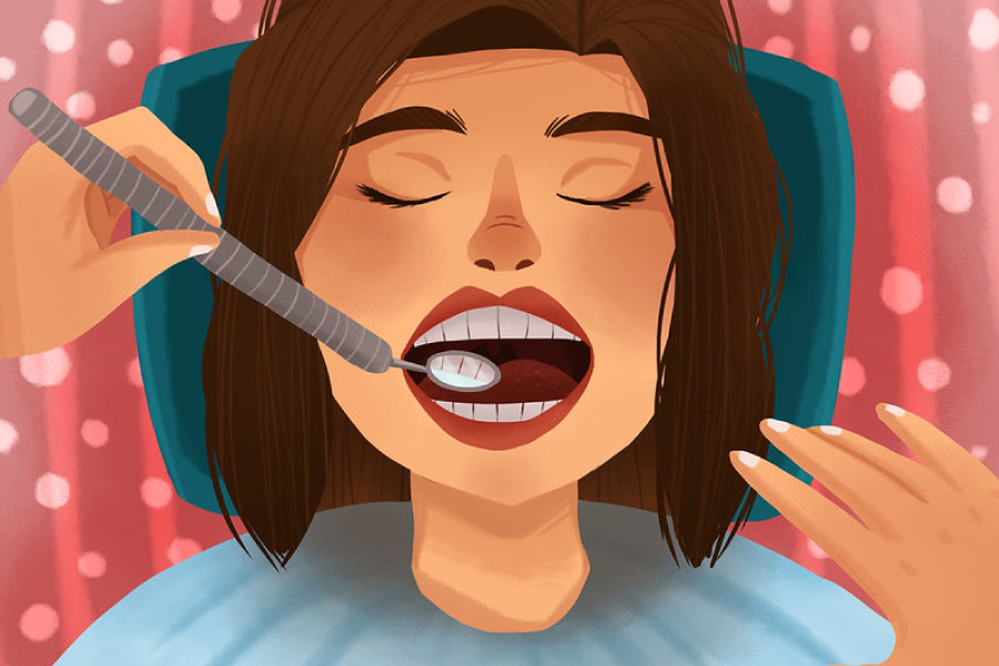 Cartoon of a woman at the dentist for a preventive care exam.